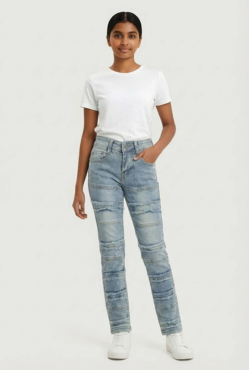 Girls Frayed Decorative Stitch Skinny Jeans