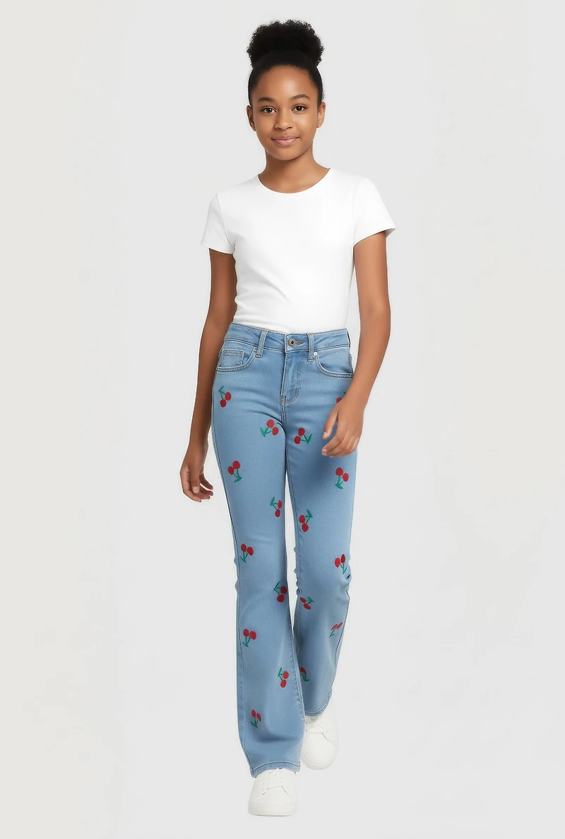 Girls Cherry Embroidered Flare Leg Jeans