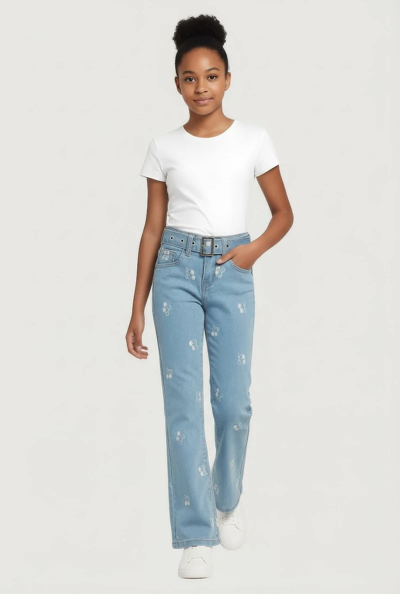 Girls Cherry Patterned Mid Rise Flare Leg Jeans
