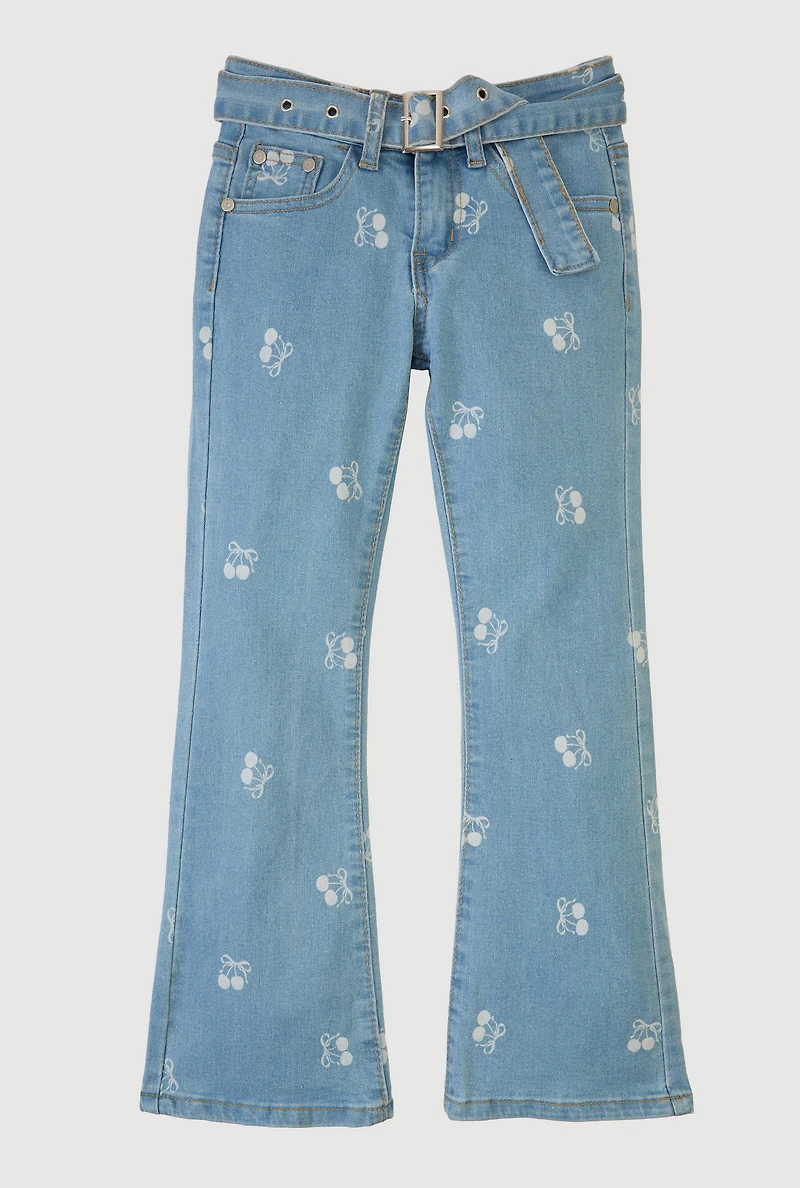 Girls Cherry Patterned Mid Rise Flare Leg Jeans, Blue,