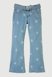 Girls Cherry Patterned Mid Rise Flare Leg Jeans, Blue,