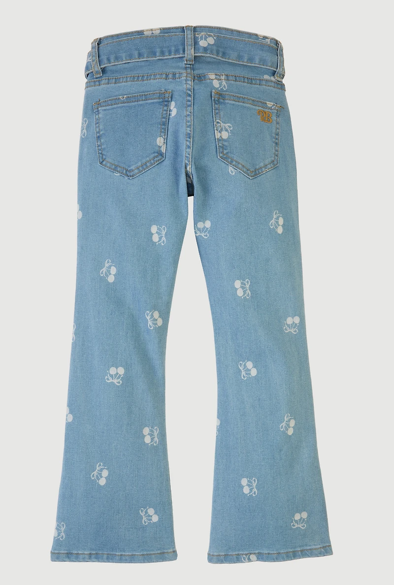 Girls Cherry Patterned Mid Rise Flare Leg Jeans, Blue,