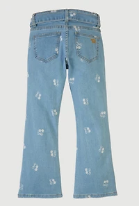 Girls Cherry Patterned Mid Rise Flare Leg Jeans, Blue,