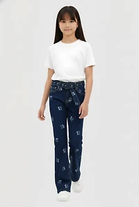 Girls Cherry Patterned Mid Rise Flare Leg Jeans, Blue,