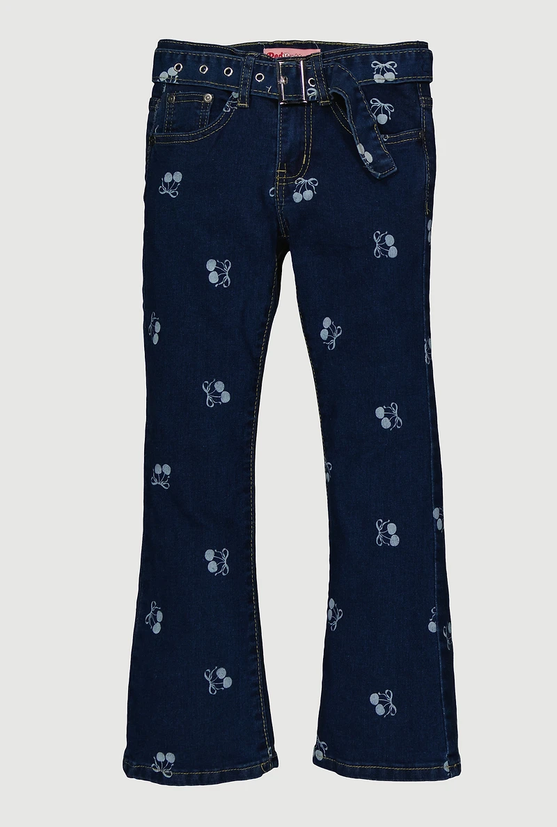 Girls Cherry Patterned Mid Rise Flare Leg Jeans, Blue,