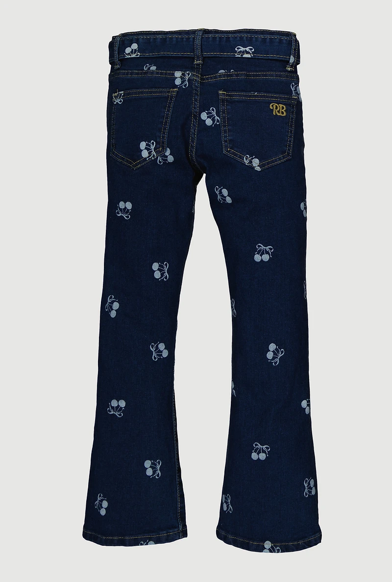 Girls Cherry Patterned Mid Rise Flare Leg Jeans