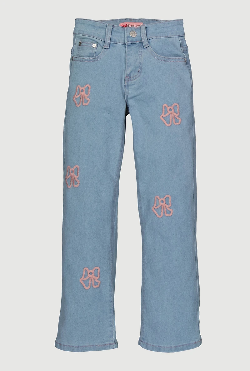 Girls Embroidered Bow Graphic Straight Leg Jeans