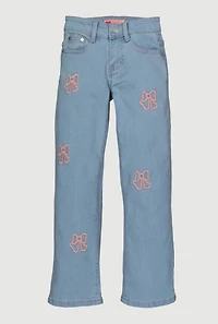 Girls Embroidered Bow Graphic Straight Leg Jeans