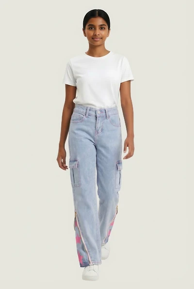 Girls Star Side Zip Flare Leg Cargo Jeans