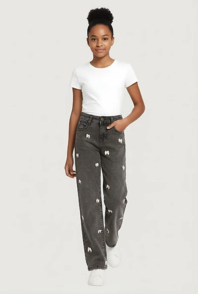 Girls Mineral Wash Bow Detail Straight Leg Jeans