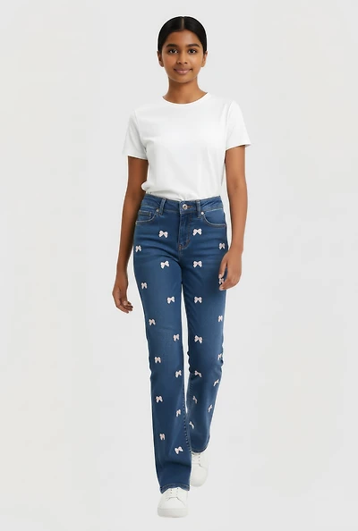 Girls Bow Detail Mid Rise Straight Leg Jeans
