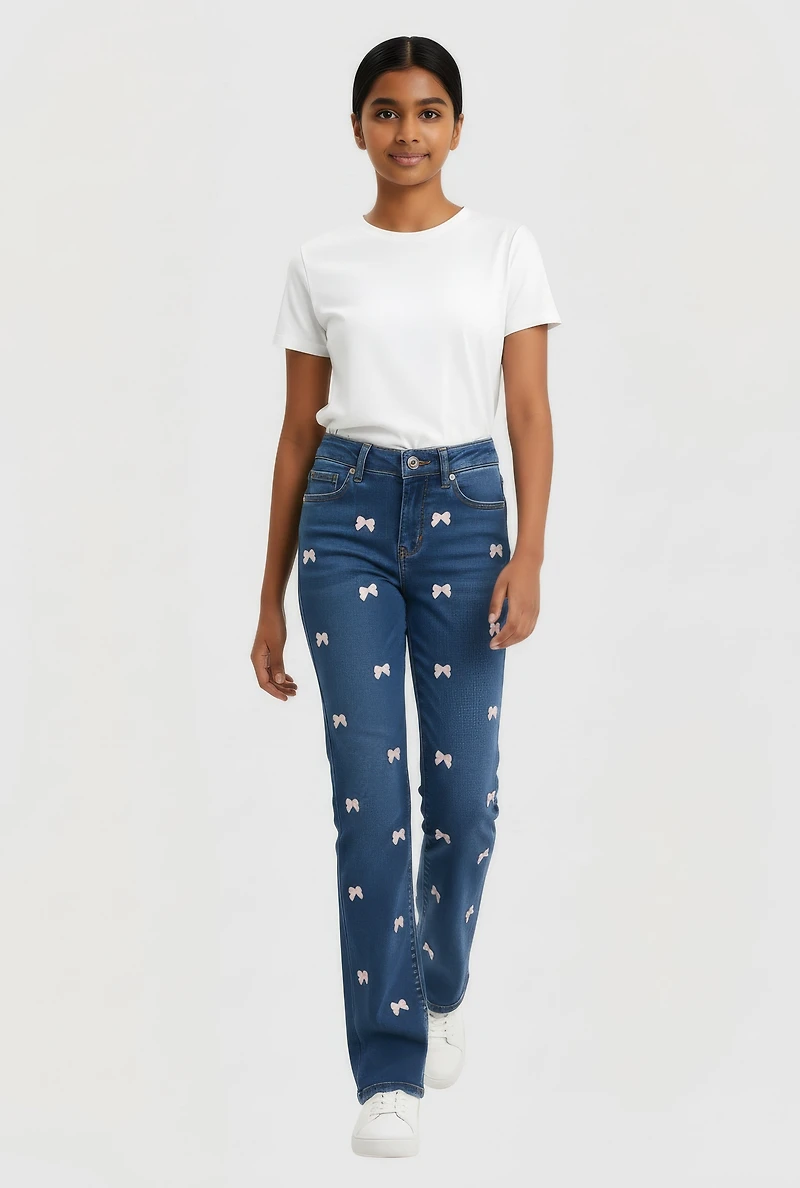 Girls Bow Detail Mid Rise Straight Leg Jeans