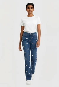 Girls Bow Detail Mid Rise Straight Leg Jeans