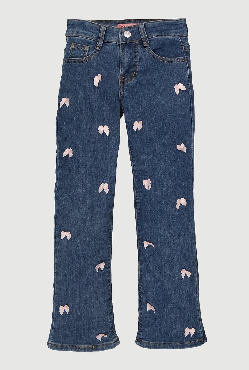 Girls Bow Detail Mid Rise Straight Leg Jeans, Blue, Size 10