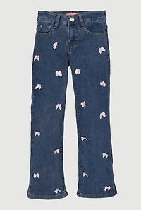 Girls Bow Detail Mid Rise Straight Leg Jeans, Blue, Size 10