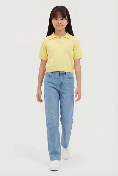 Girls Heart Embroidered Short Sleeve Polo Top