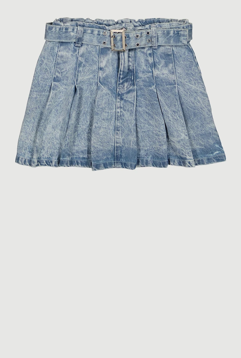 Girls Acid Wash Denim Pleated Skort with Belt