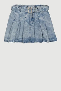 Girls Acid Wash Denim Pleated Skort with Belt