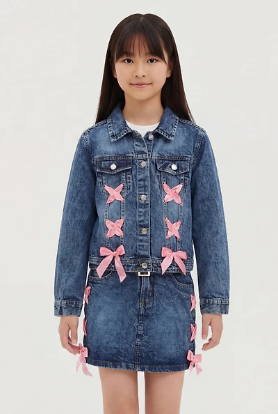 Girls Satin Bow Lace Up Detail Denim Jacket