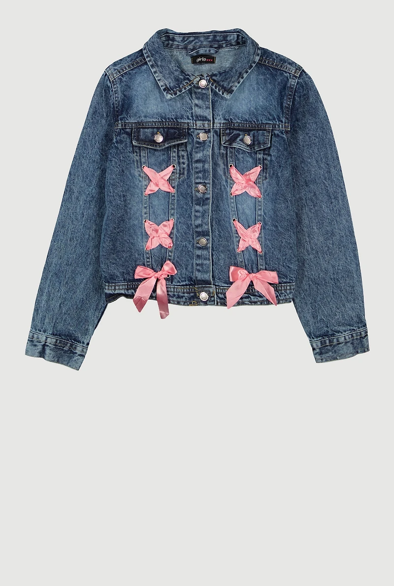 Girls Satin Bow Lace Up Detail Denim Jacket