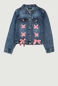 Girls Satin Bow Lace Up Detail Denim Jacket