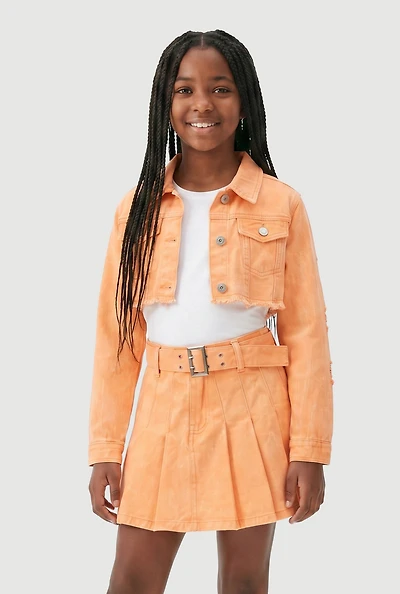 Girls Denim Acid Wash Cropped Button Front Jacket