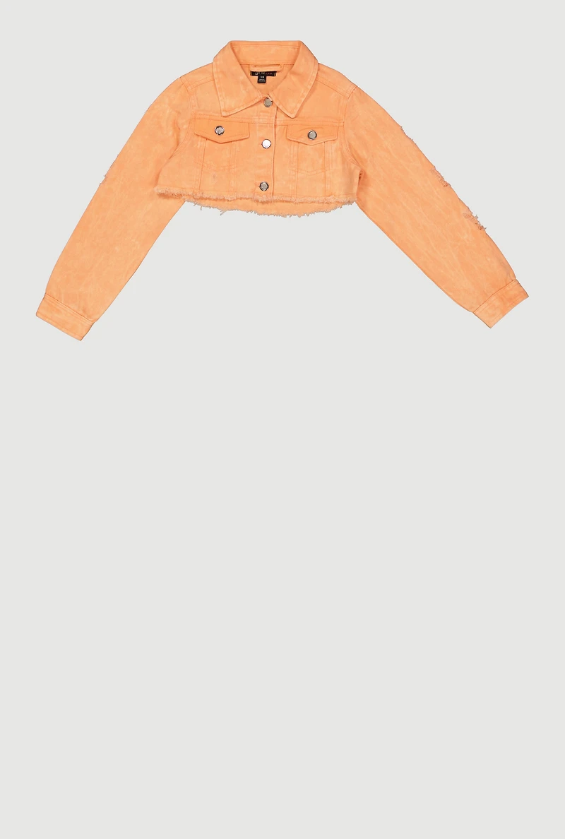 Girls Denim Acid Wash Cropped Button Front Jacket