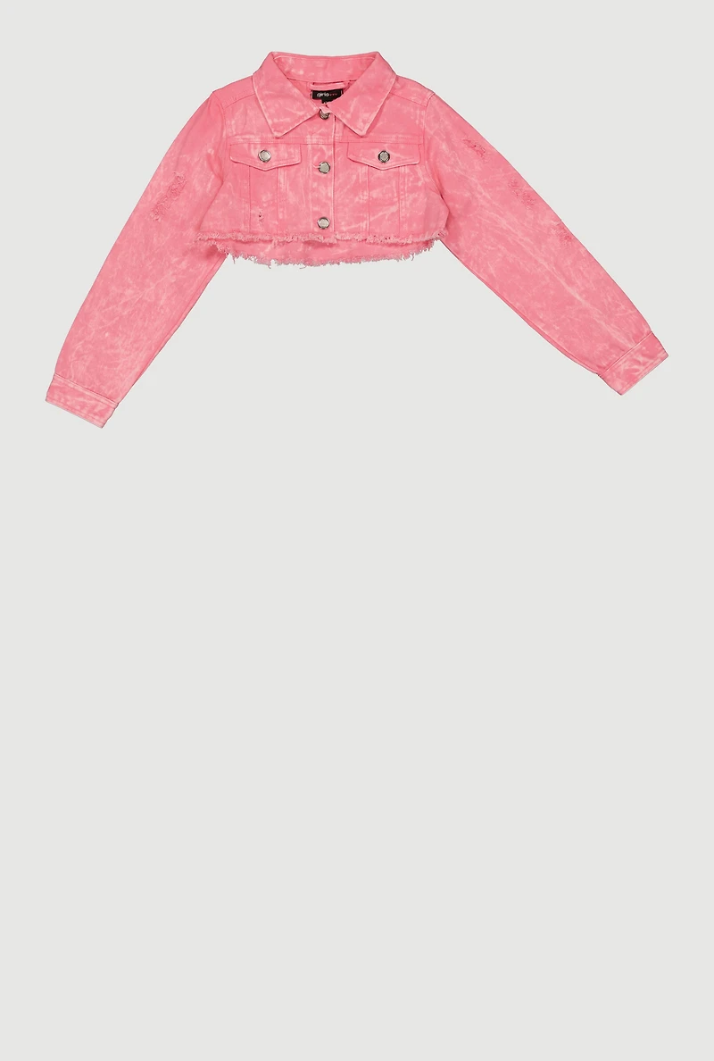 Girls Denim Acid Wash Cropped Button Front Jacket