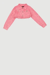 Girls Denim Acid Wash Cropped Button Front Jacket