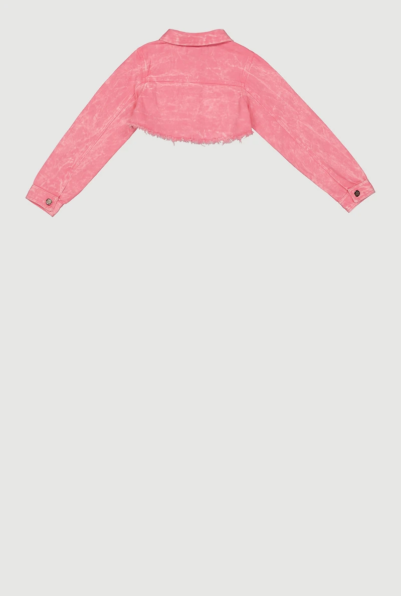 Girls Denim Acid Wash Cropped Button Front Jacket