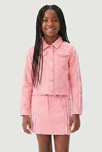 Girls Twill Varsity Stripe Button Front Jacket