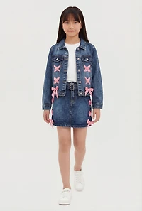 Girls Satin Lace Up Detail Belted Denim Skirt