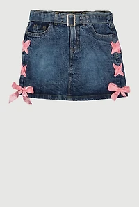 Girls Satin Lace Up Detail Belted Denim Skirt
