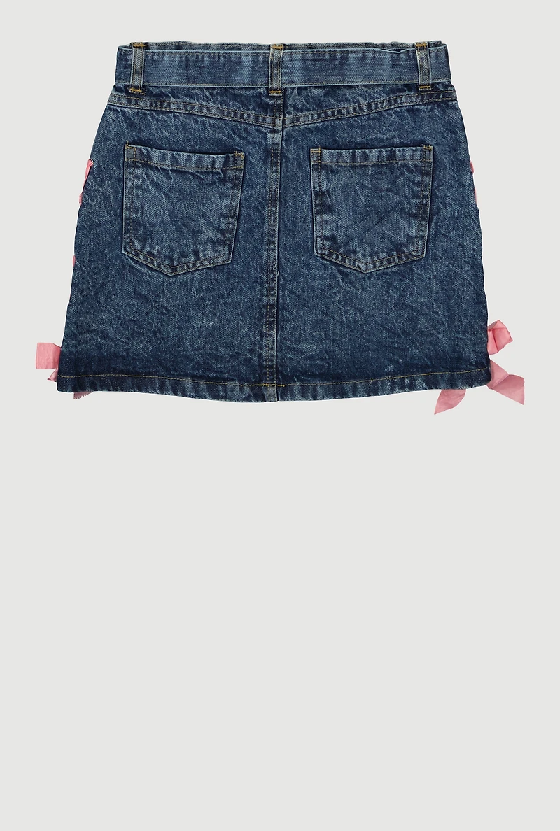 Girls Satin Lace Up Detail Belted Denim Skirt