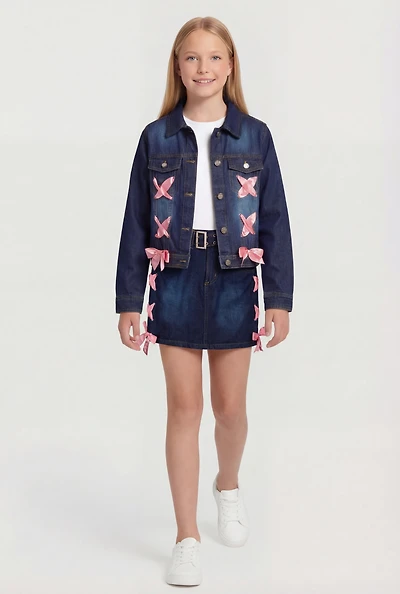 Girls Satin Lace Up Detail Belted Denim Skirt