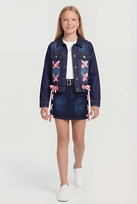 Girls Satin Lace Up Detail Belted Denim Skirt