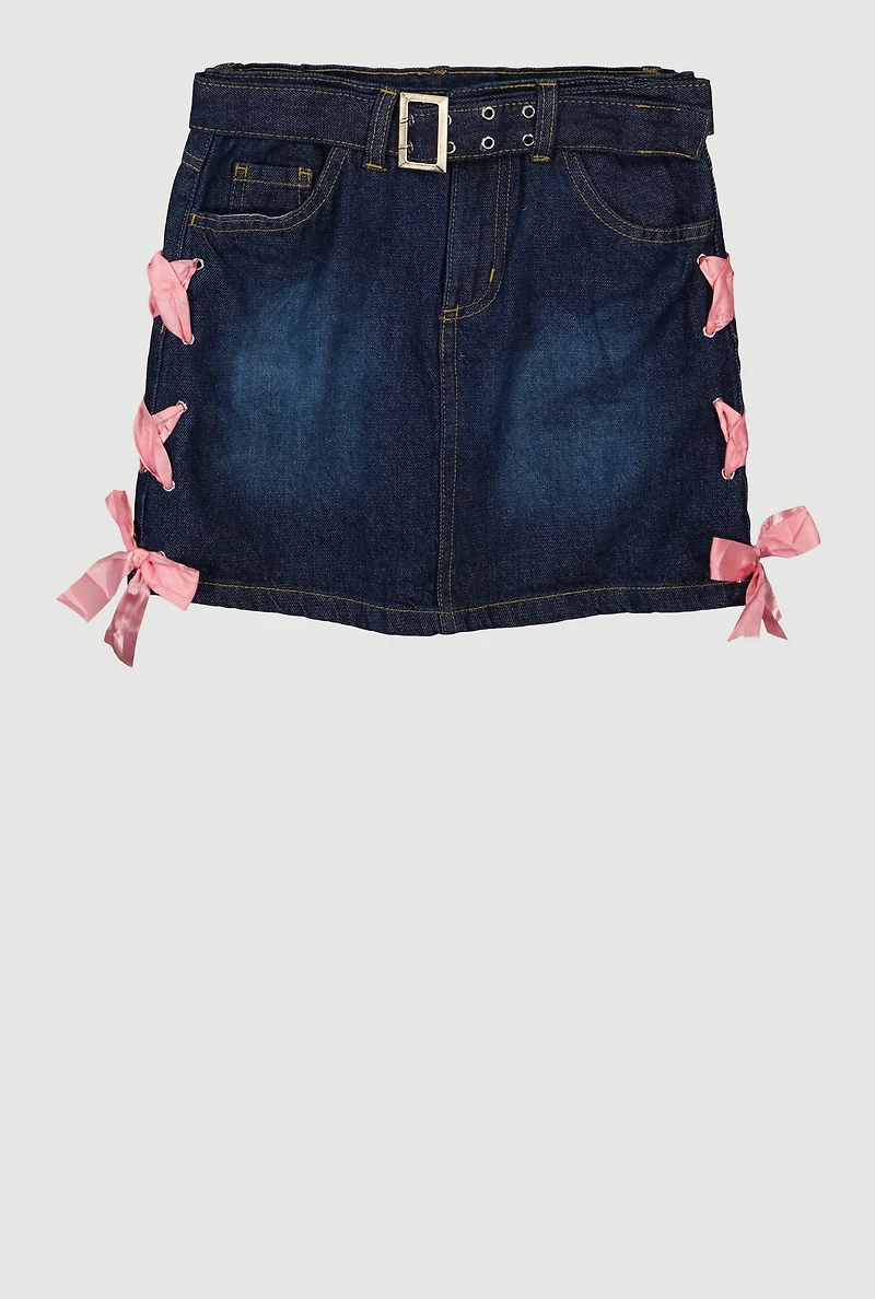 Girls Satin Lace Up Detail Belted Denim Skirt