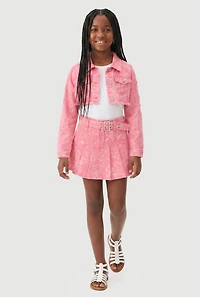 Girls Denim Acid Wash Pleated Skort with Belt