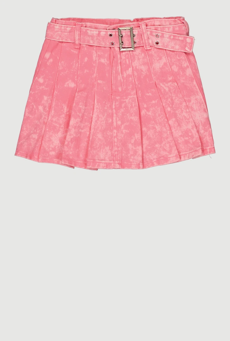 Girls Denim Acid Wash Pleated Skort with Belt