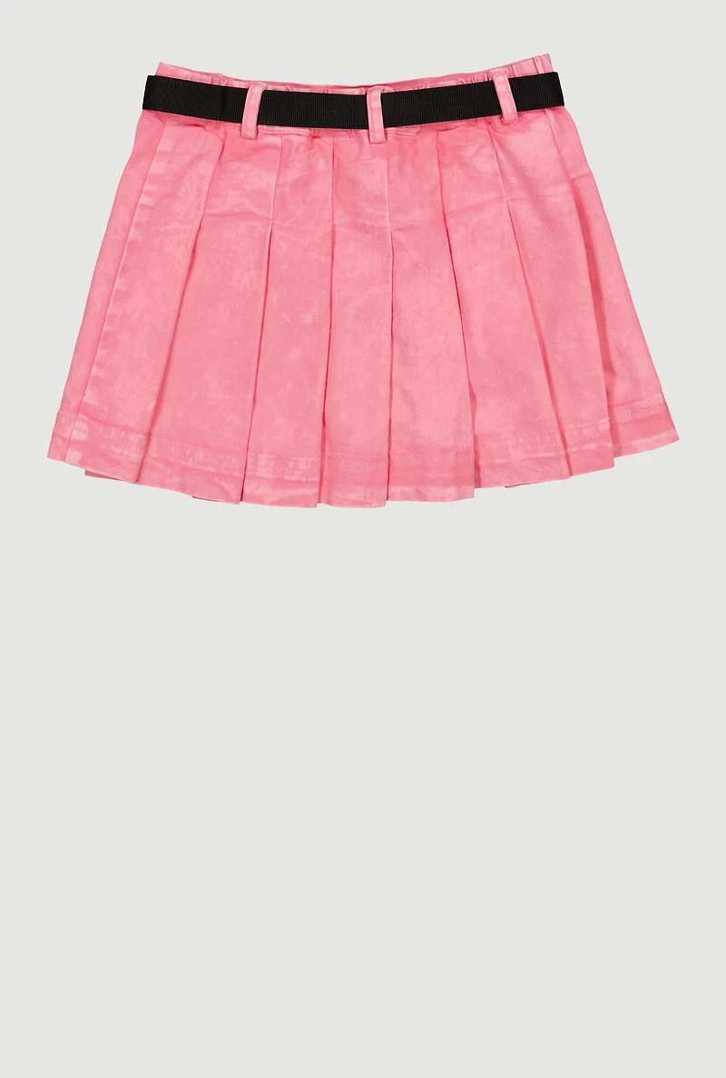 Girls Spoon Jeans Mineral Wash Belted Pleated Skirt, Pink,