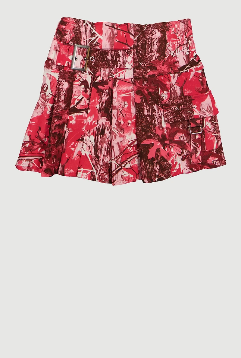 Girls Hunter Camo Belted Front Pleated Skirt