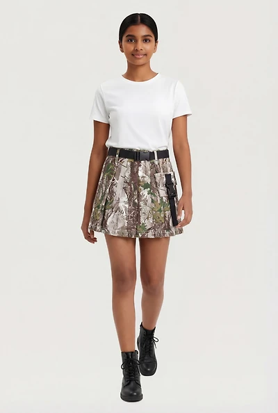 Girls Hunter Camo Pleated Skirt with Belt