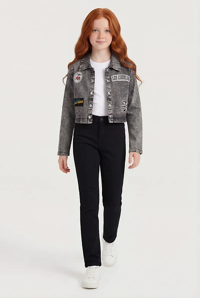 Girls Embroidered Patch Graphic Acid Wash Jean Jacket