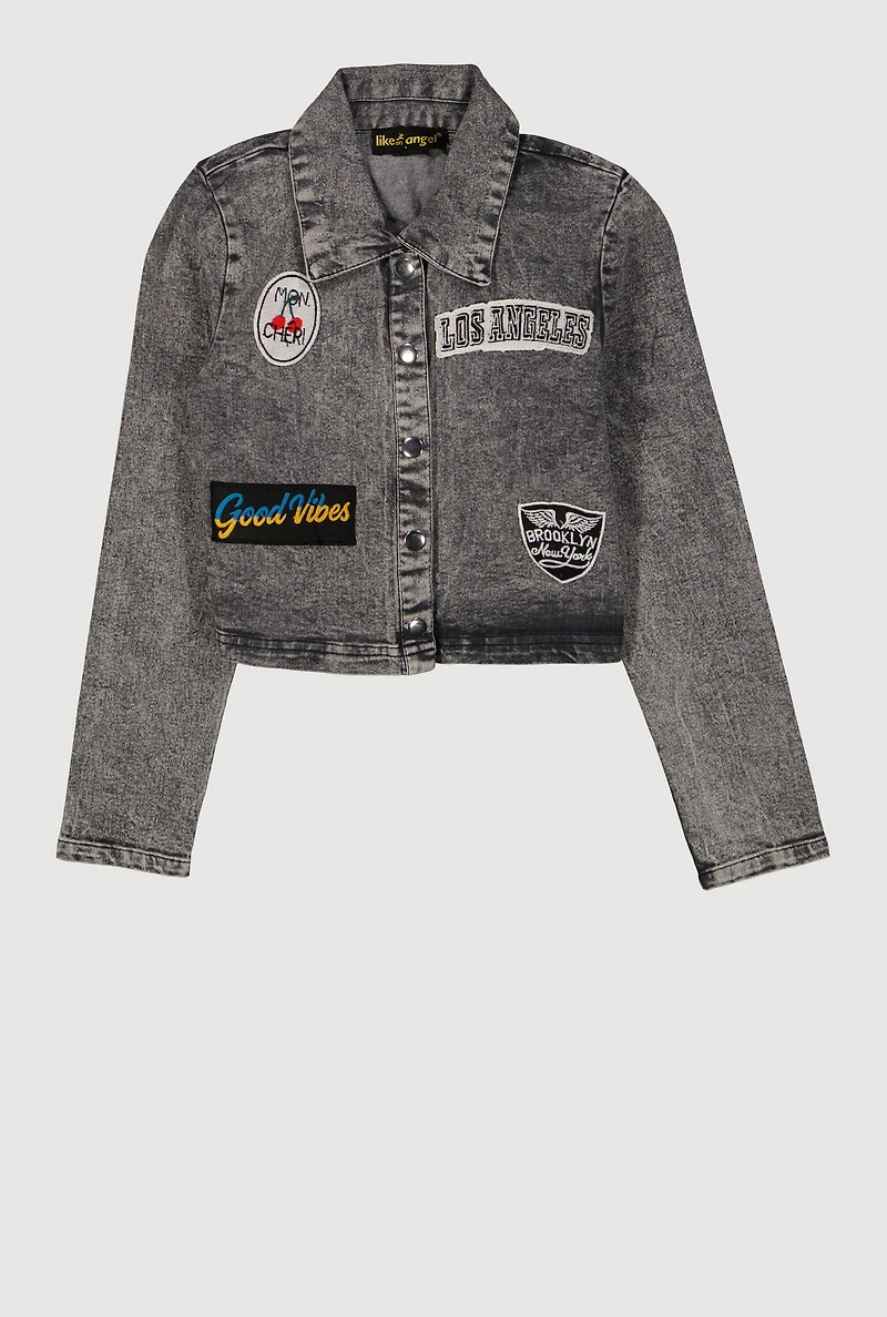 Girls Embroidered Patch Graphic Acid Wash Jean Jacket