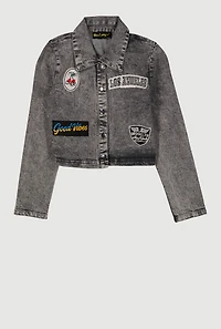 Girls Embroidered Patch Graphic Acid Wash Jean Jacket