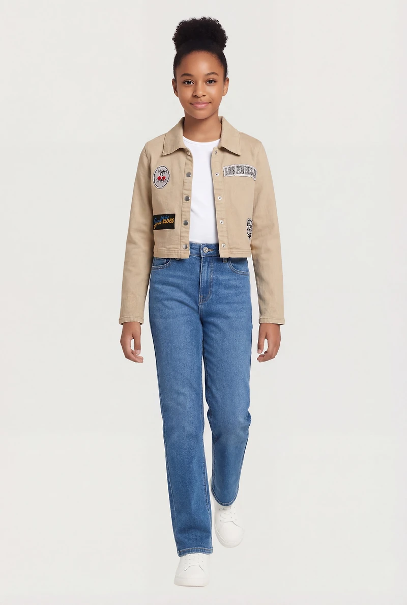 Girls Embroidered Patch Graphic Acid Wash Jean Jacket