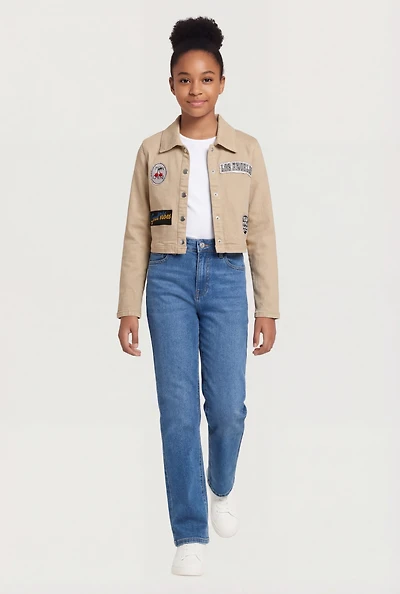 Girls Embroidered Patch Graphic Acid Wash Jean Jacket