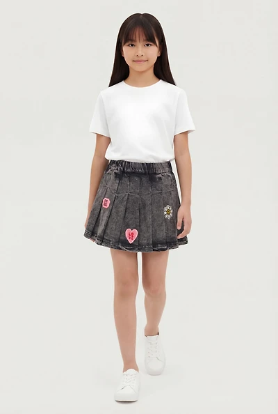 Girls Acid Wash Pleated Denim Skirt with Embroidered Patches