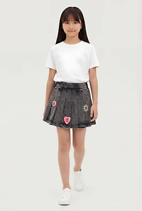 Girls Acid Wash Pleated Denim Skirt with Embroidered Patches