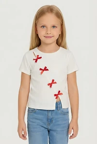 Little Girls Ribbed Knit Bow Detail Blouse